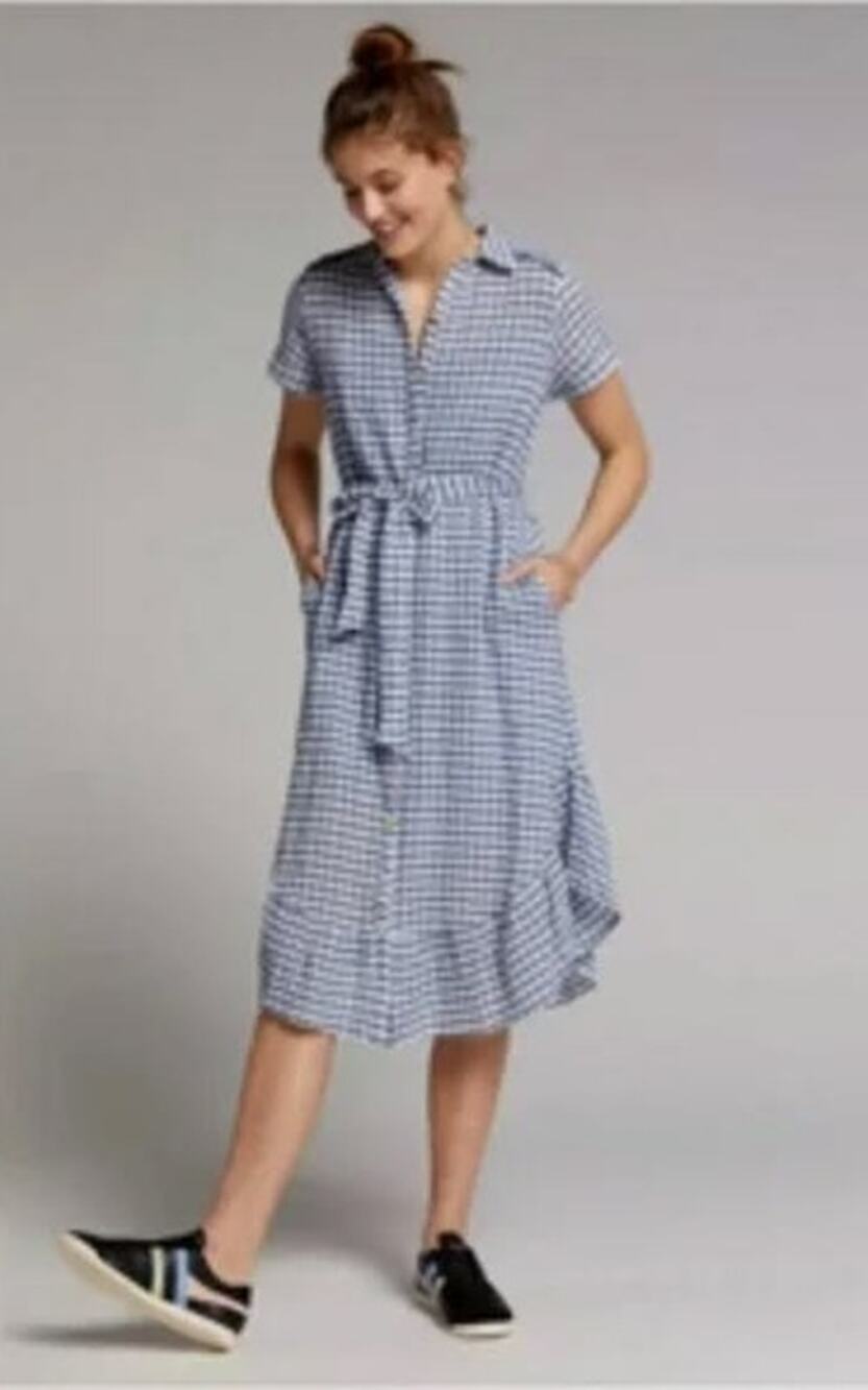 Anthropologie Maeve Gingham Finley Flowing Belted Ruffle Midi Hem Shirt Dress